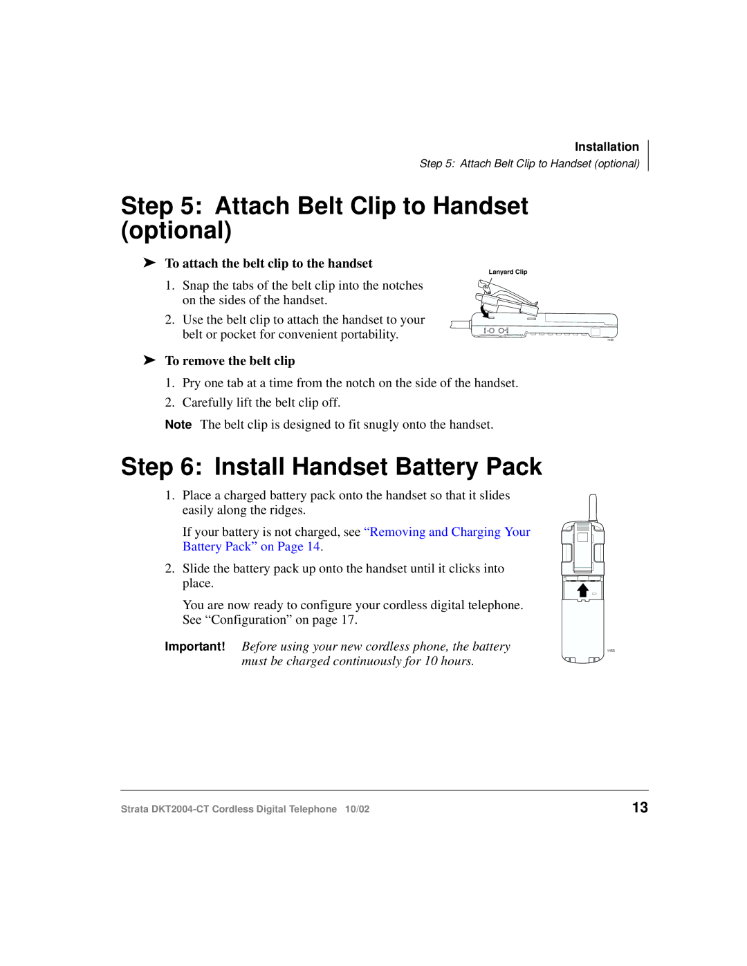 Toshiba DKT2004-CT manual Attach Belt Clip to Handset optional, Install Handset Battery Pack, To remove the belt clip 