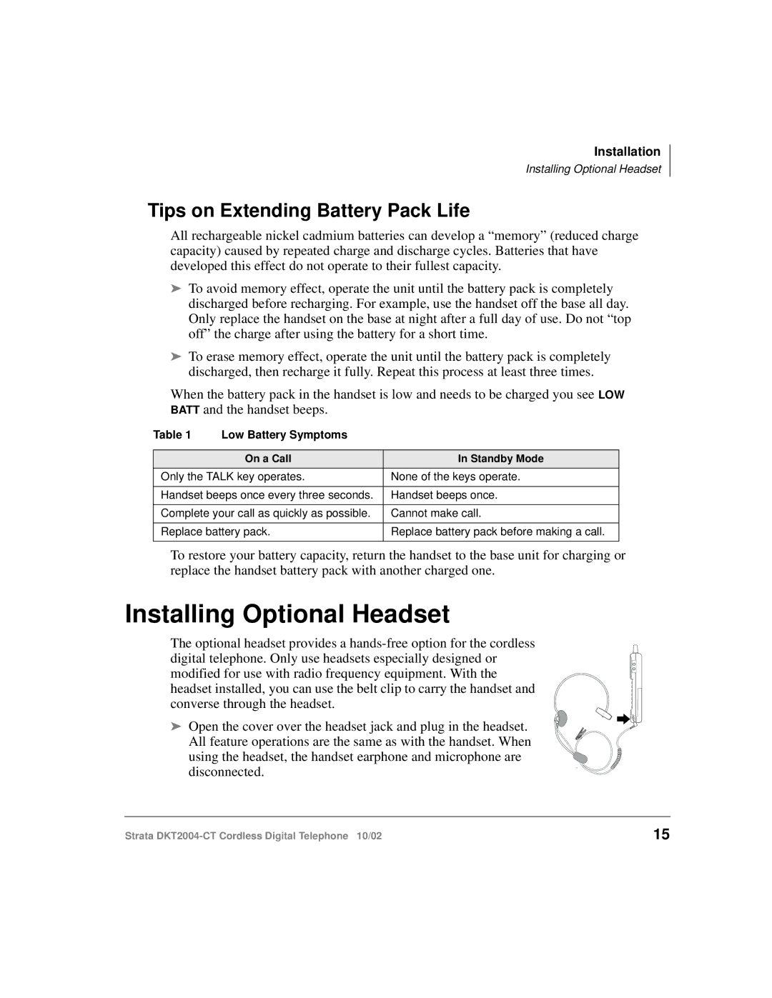 Toshiba DKT2004-CT manual Installing Optional Headset, Tips on Extending Battery Pack Life, On a Call Standby Mode 