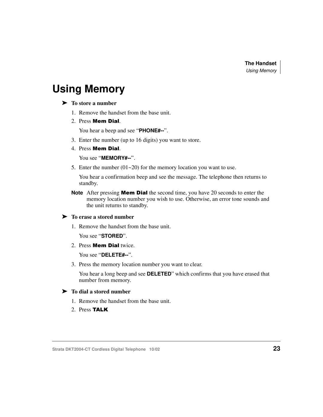 Toshiba DKT2004-CT manual Using Memory, To store a number, To erase a stored number, To dial a stored number 