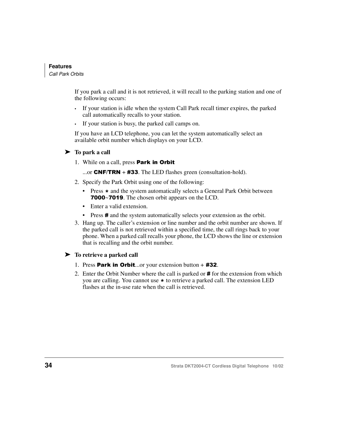 Toshiba DKT2004-CT manual To park a call, To retrieve a parked call 