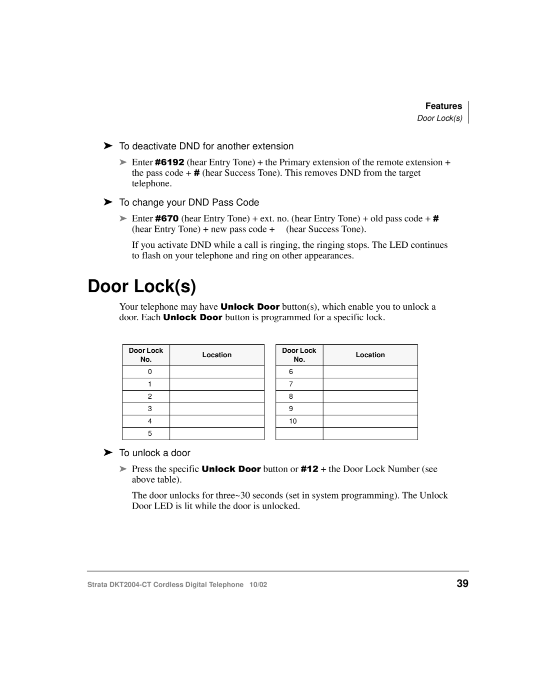 Toshiba DKT2004-CT Door Locks, To deactivate DND for another extension, To change your DND Pass Code, To unlock a door 