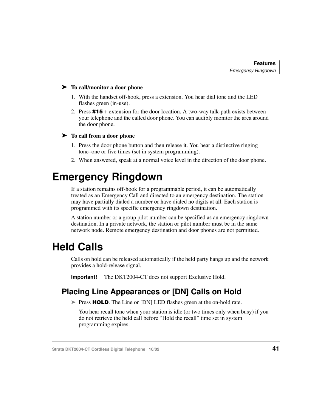 Toshiba DKT2004-CT Emergency Ringdown, Held Calls, Placing Line Appearances or DN Calls on Hold, To call from a door phone 