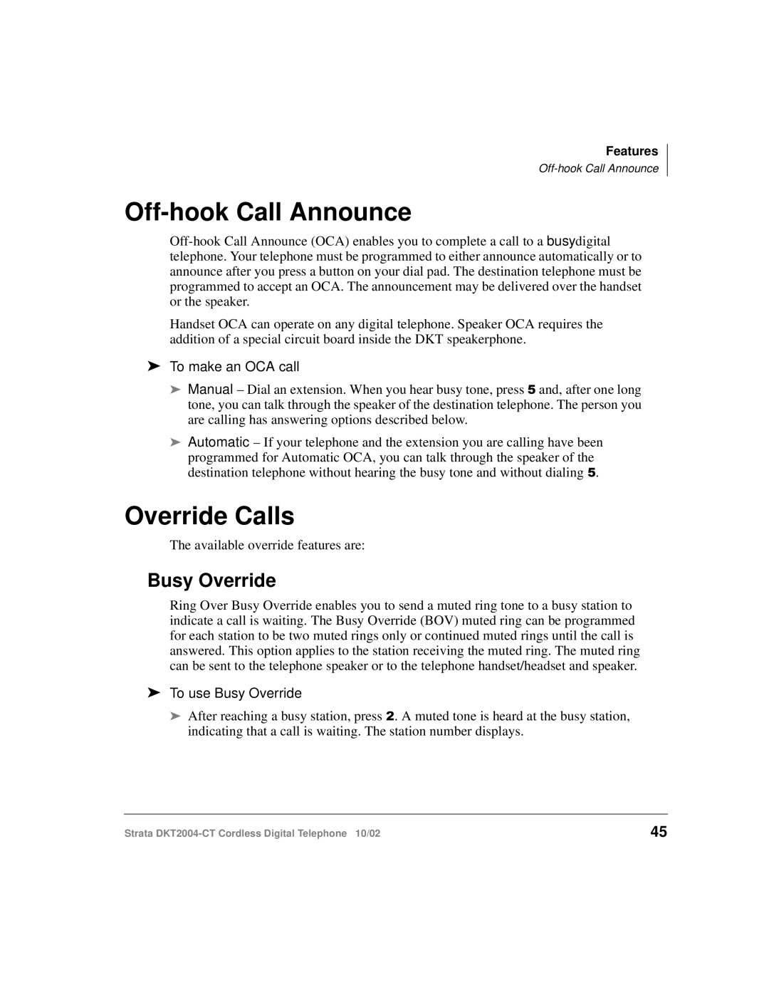 Toshiba DKT2004-CT manual Off-hook Call Announce, Override Calls, To make an OCA call, To use Busy Override 