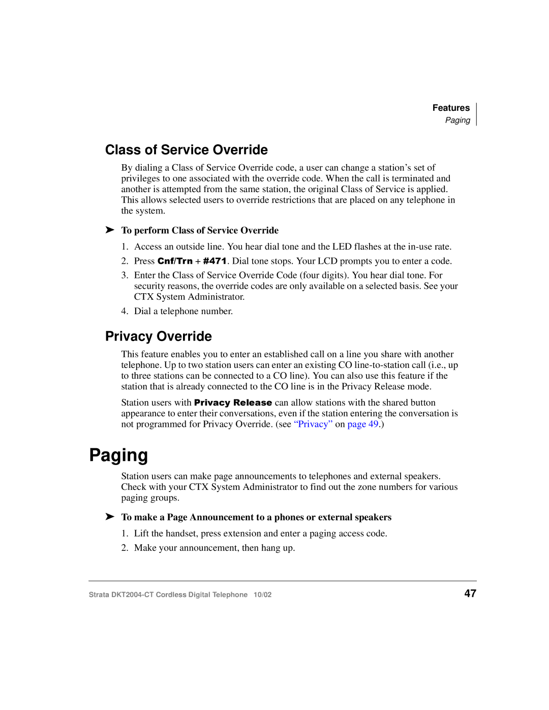 Toshiba DKT2004-CT manual Paging, Privacy Override, To perform Class of Service Override 