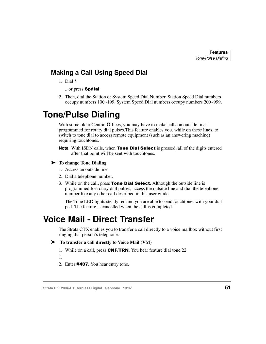 Toshiba DKT2004-CT Tone/Pulse Dialing, Voice Mail Direct Transfer, Making a Call Using Speed Dial, To change Tone Dialing 