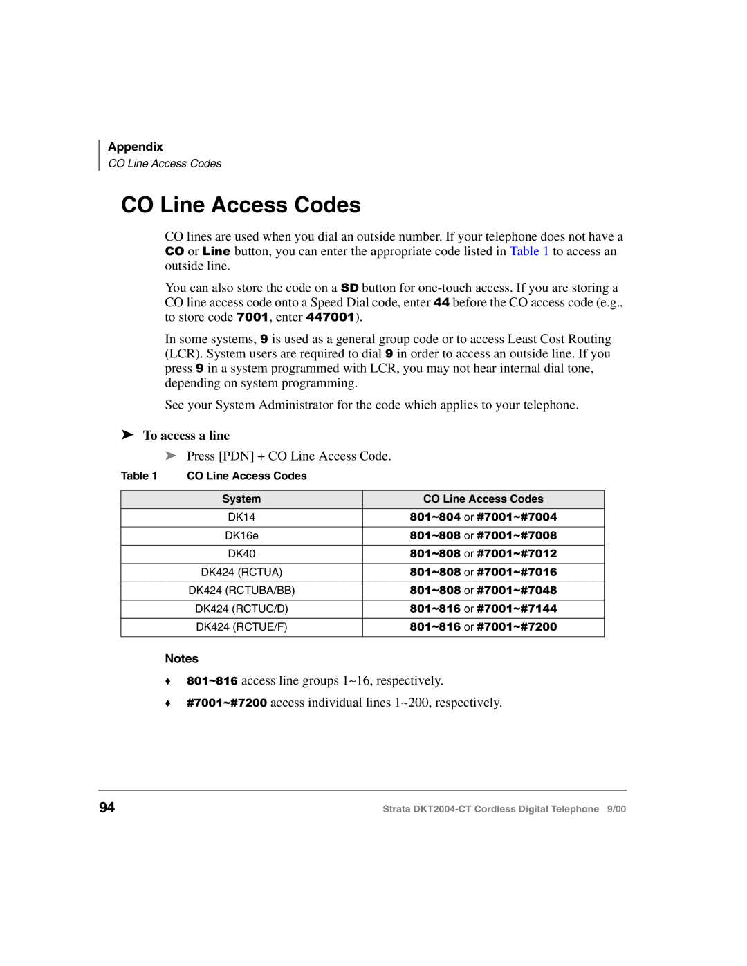 Toshiba DKT2004-CT manual CO Line Access Codes, To access a line 