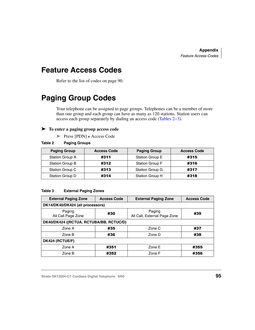 Toshiba DKT2004-CT manual Feature Access Codes, Paging Group Codes, To enter a paging group access code 