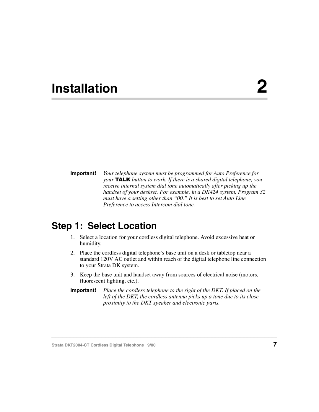 Toshiba DKT2004-CT manual Installation, Select Location 