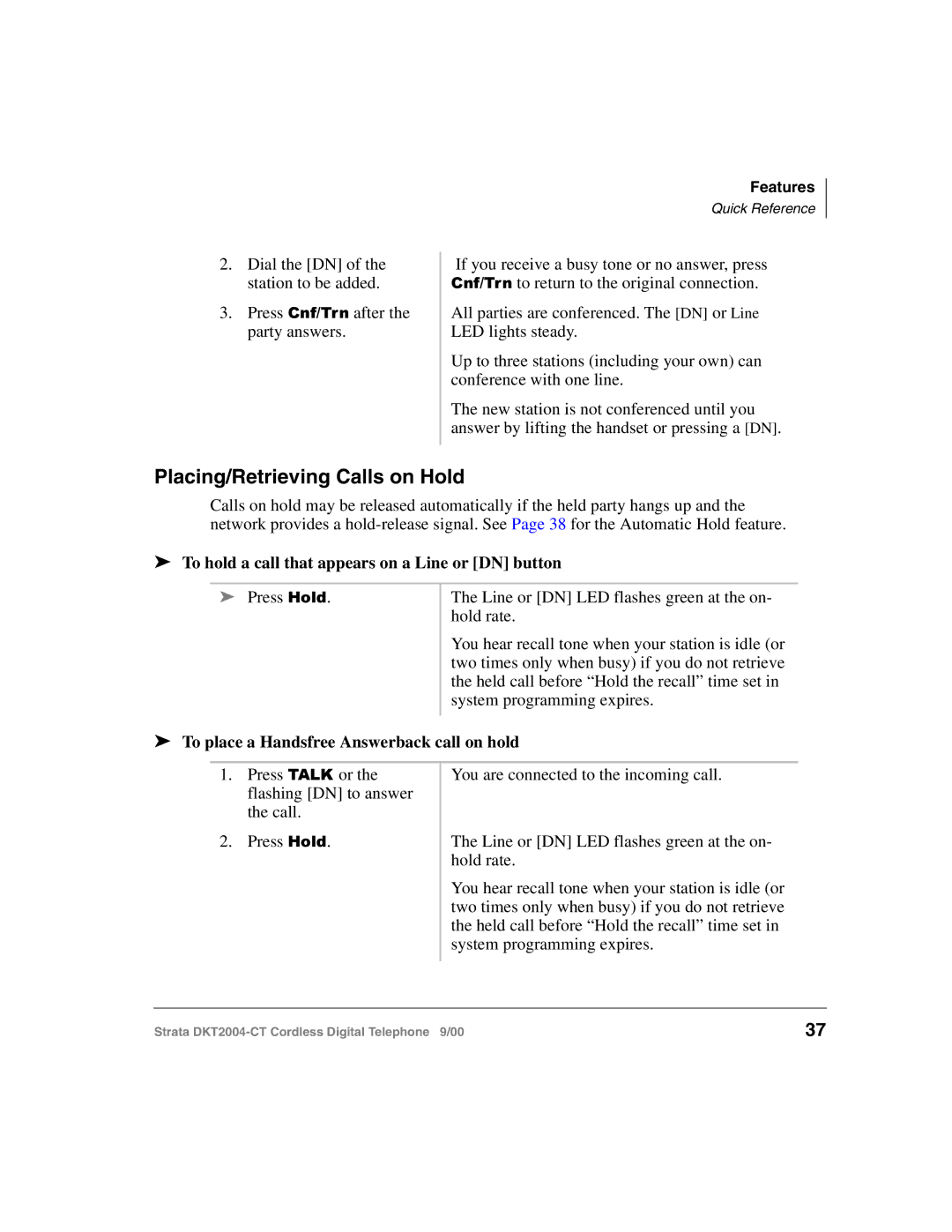 Toshiba DKT2004-CT manual Placing/Retrieving Calls on Hold, To hold a call that appears on a Line or DN button 