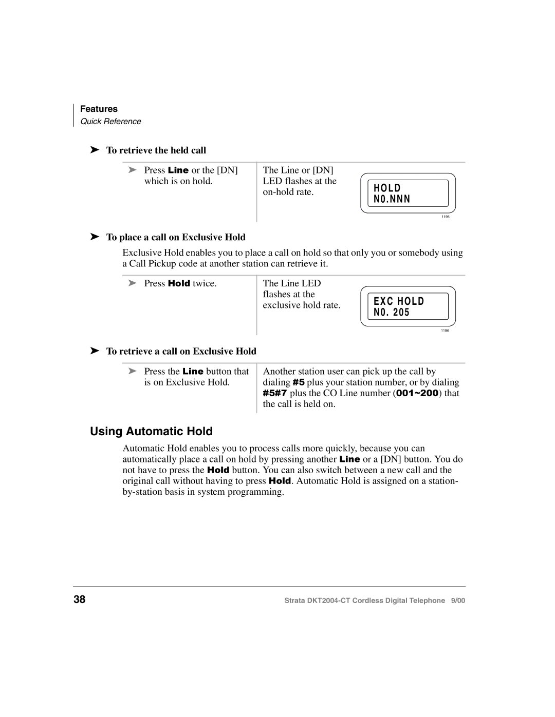 Toshiba DKT2004-CT manual Using Automatic Hold, To retrieve the held call, To place a call on Exclusive Hold 