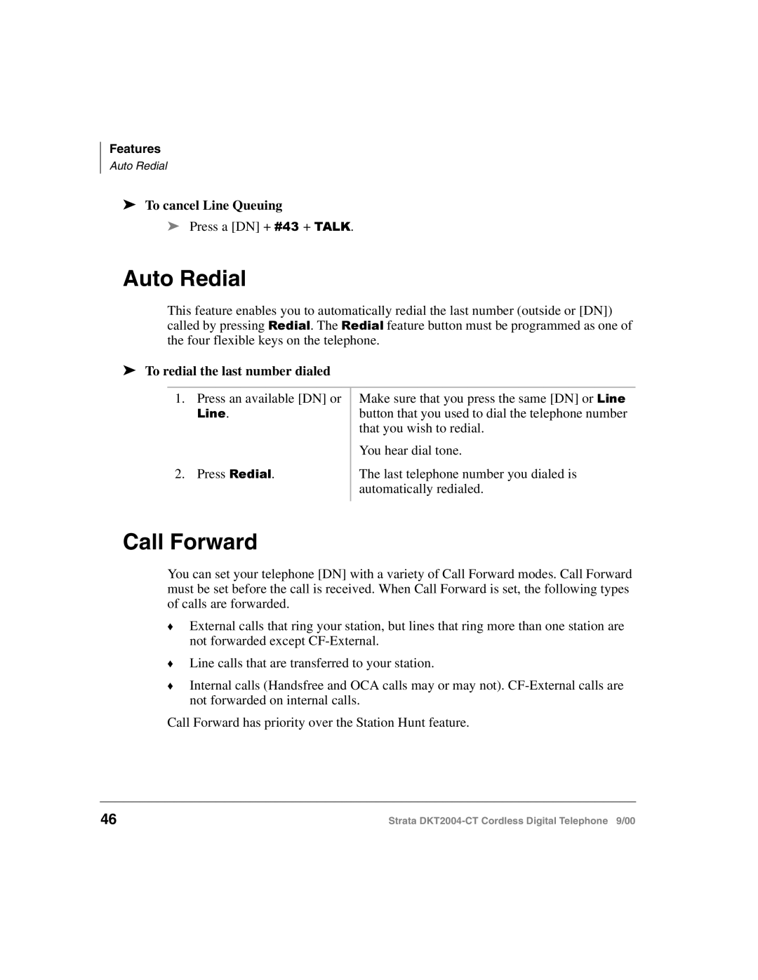 Toshiba DKT2004-CT manual Auto Redial, Call Forward, To cancel Line Queuing, To redial the last number dialed 