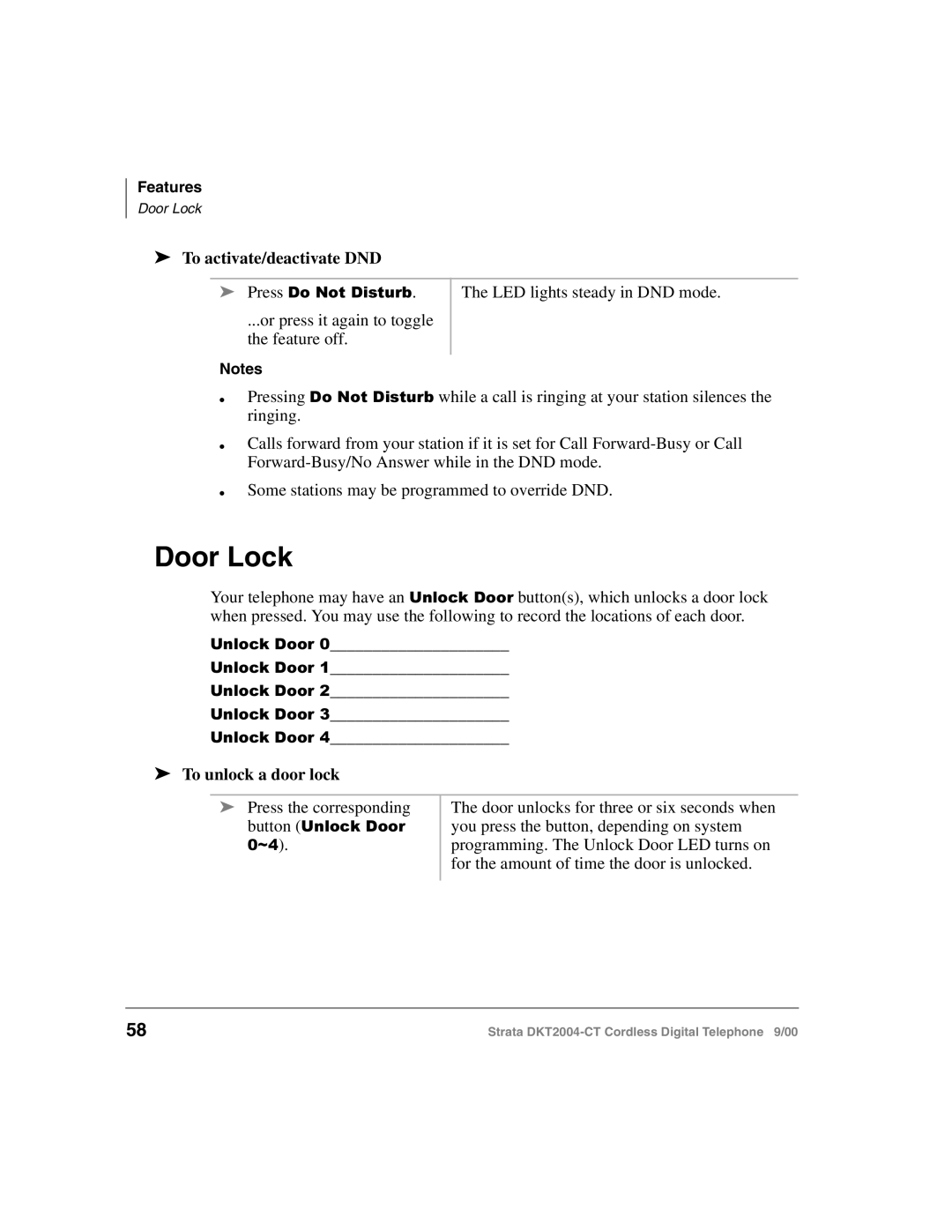 Toshiba DKT2004-CT manual Door Lock, To activate/deactivate DND, To unlock a door lock 