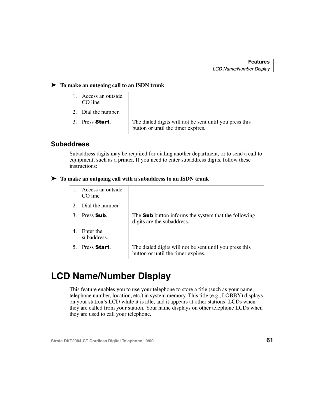 Toshiba DKT2004-CT manual LCD Name/Number Display, Subaddress, To make an outgoing call to an Isdn trunk 