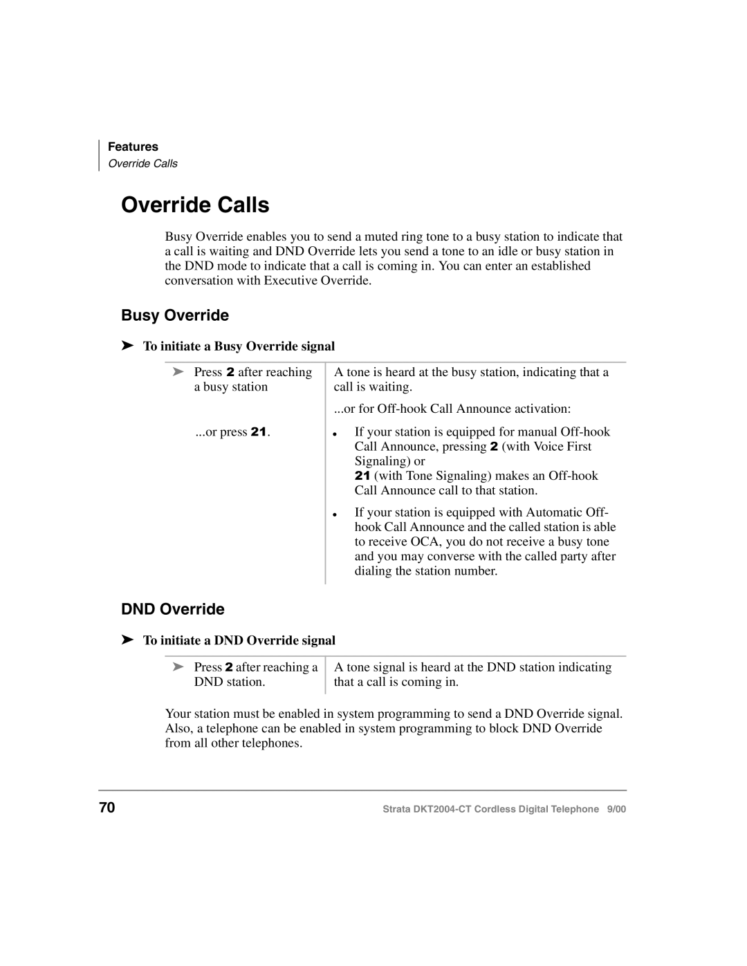 Toshiba DKT2004-CT manual Override Calls, To initiate a Busy Override signal, To initiate a DND Override signal 