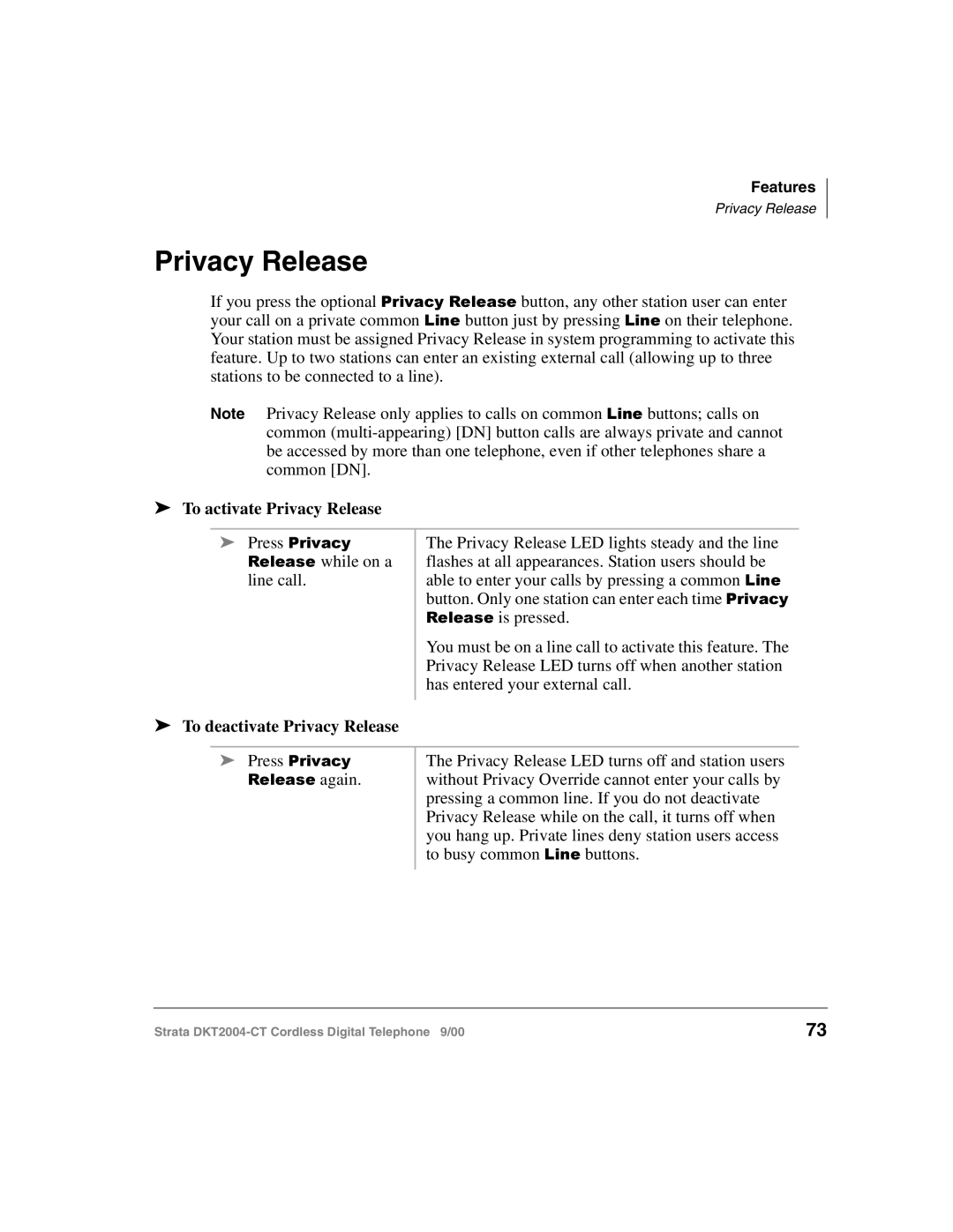 Toshiba DKT2004-CT manual To activate Privacy Release, To deactivate Privacy Release 