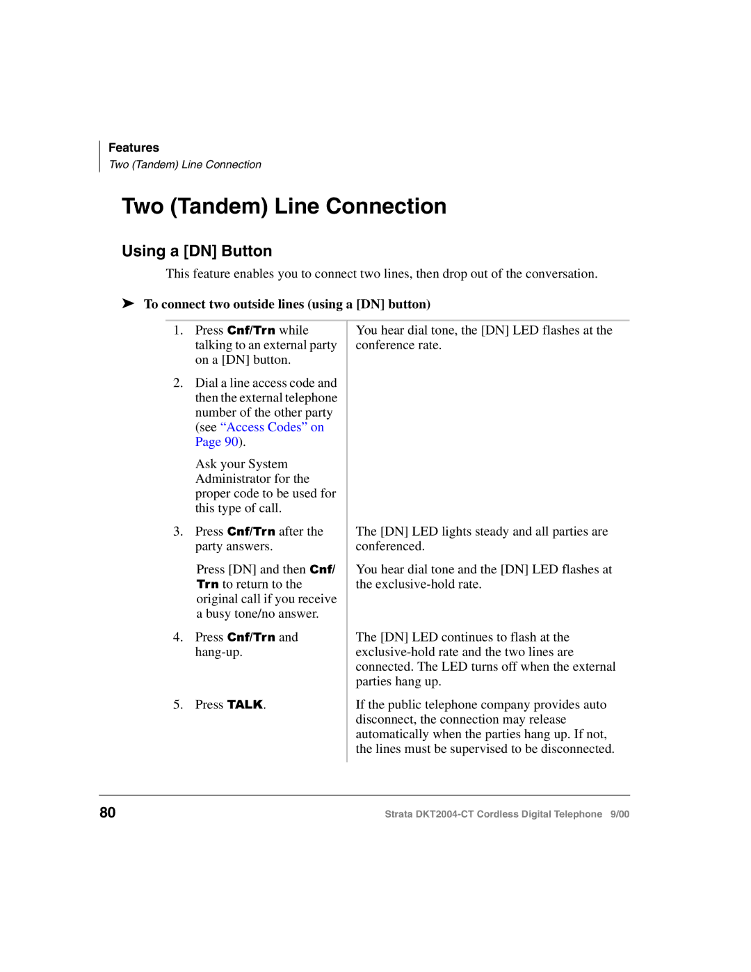 Toshiba DKT2004-CT manual Two Tandem Line Connection, Using a DN Button, To connect two outside lines using a DN button 