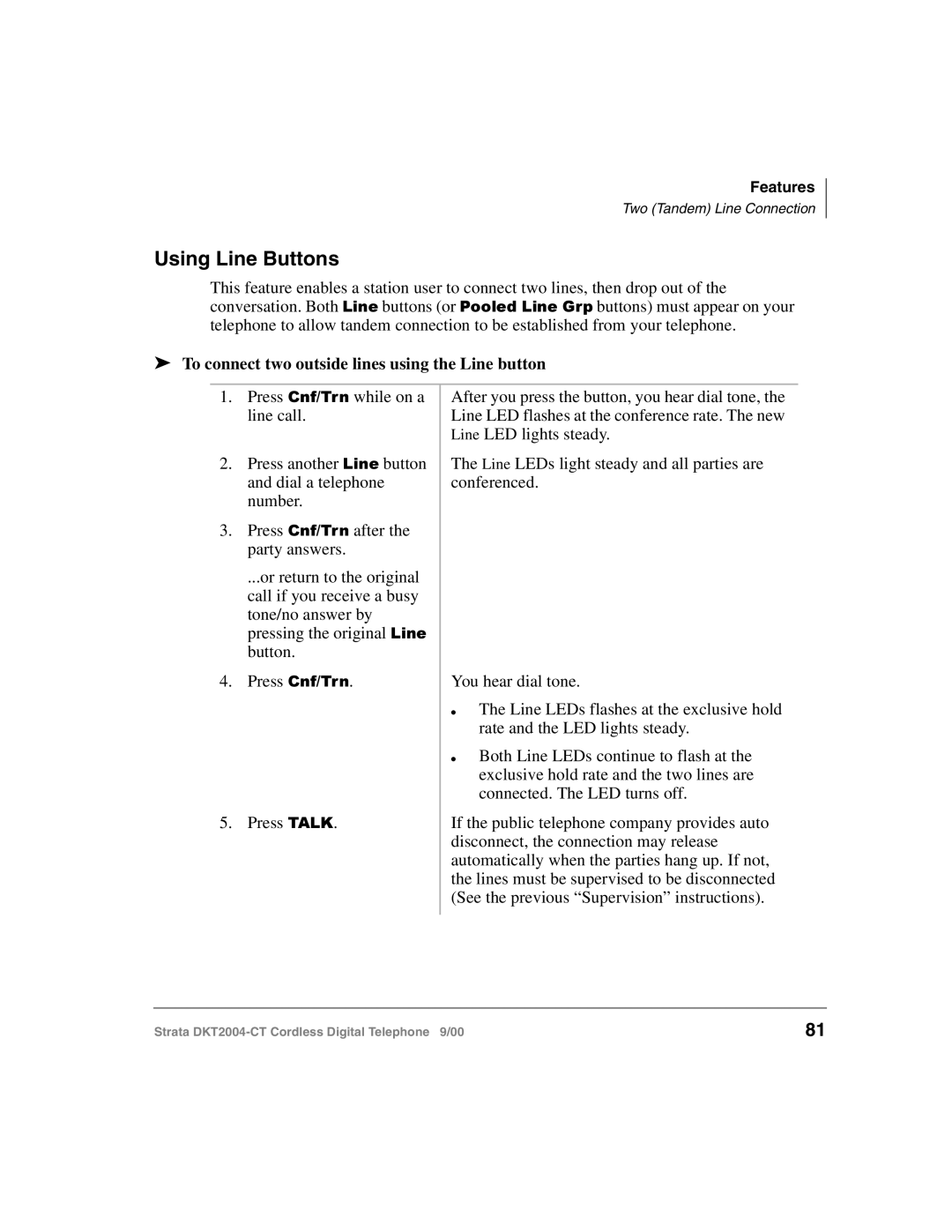 Toshiba DKT2004-CT manual Using Line Buttons, To connect two outside lines using the Line button 