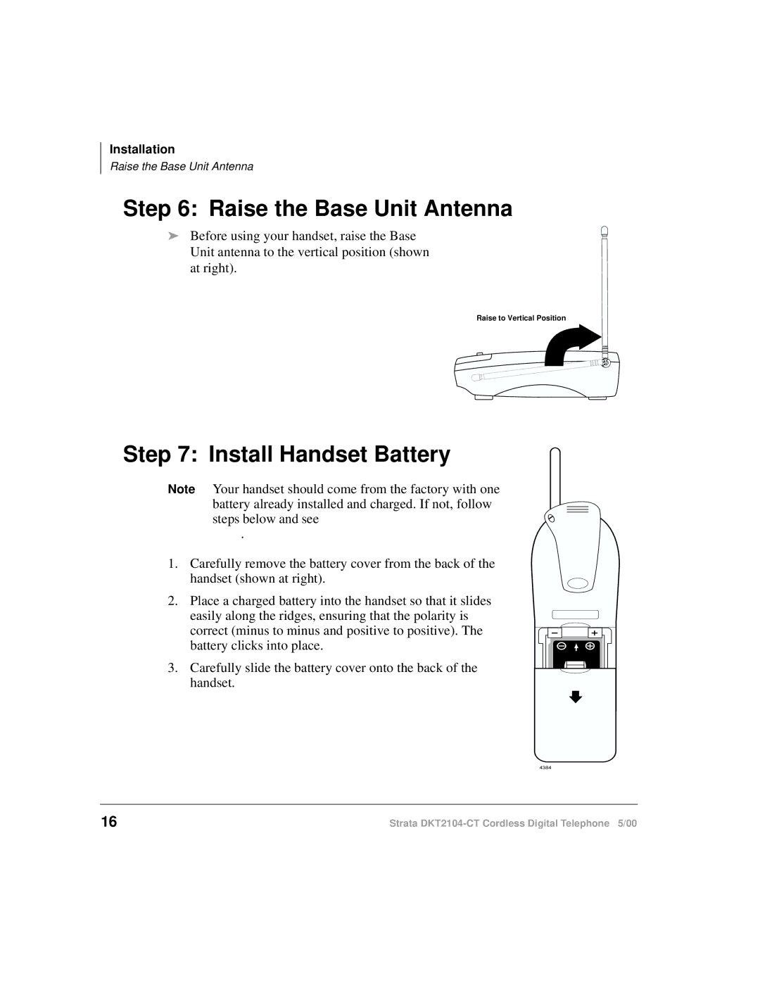 Toshiba DKT2104-CT manual Raise the Base Unit Antenna, Install Handset Battery 