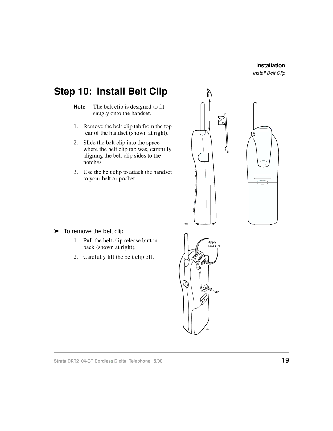 Toshiba DKT2104-CT manual Install Belt Clip, To remove the belt clip 