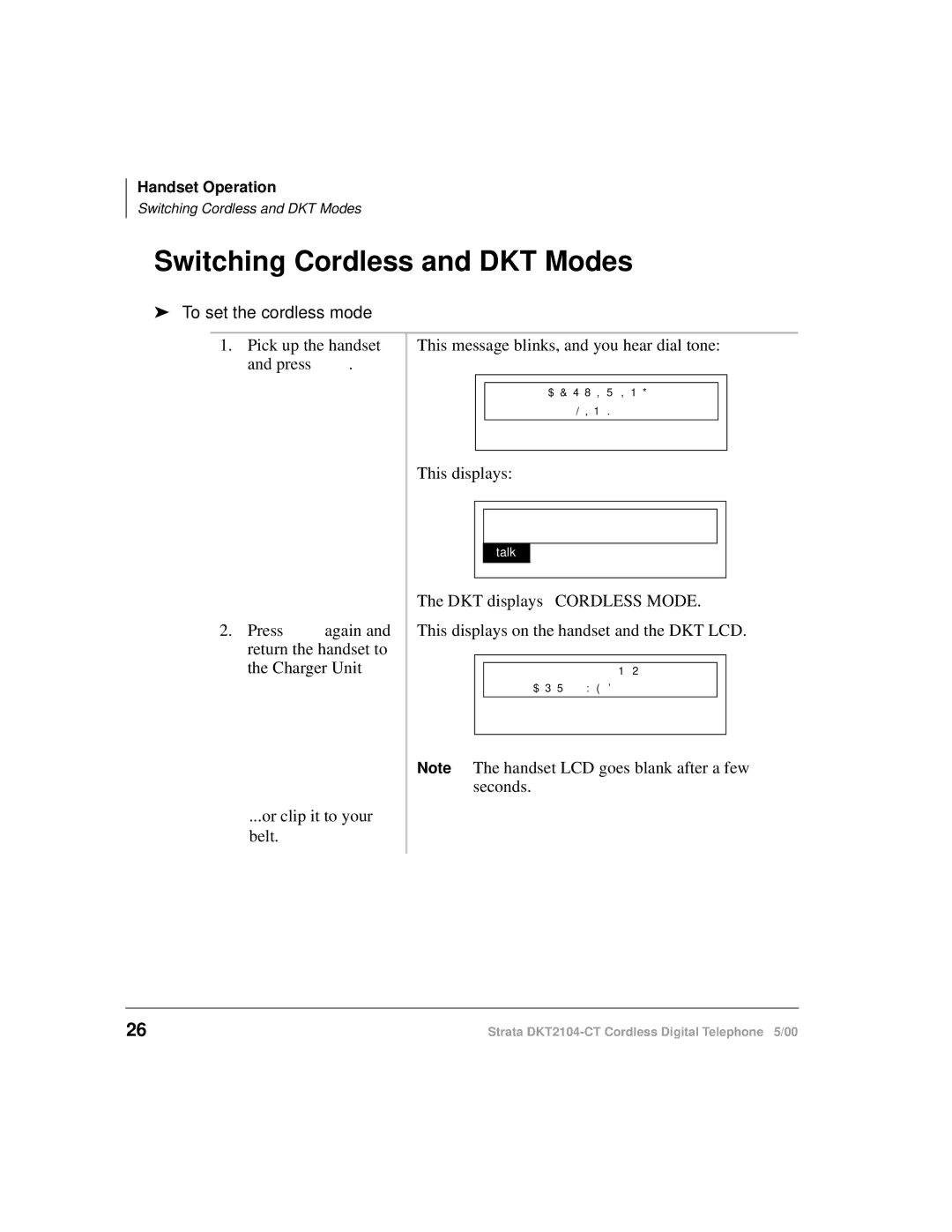 Toshiba DKT2104-CT manual $3512, To set the cordless mode 