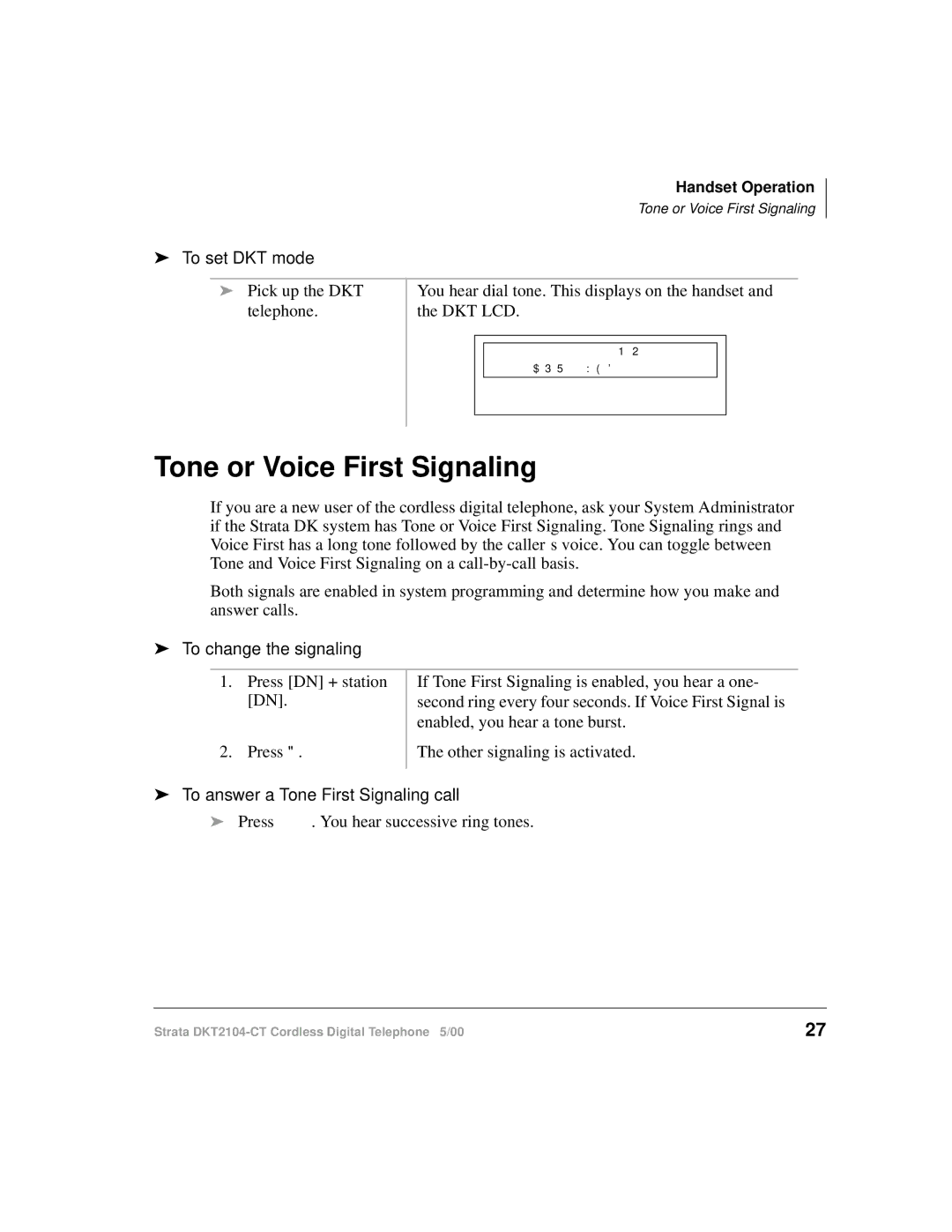 Toshiba DKT2104-CT manual Tone or Voice First Signaling, To set DKT mode, To change the signaling 