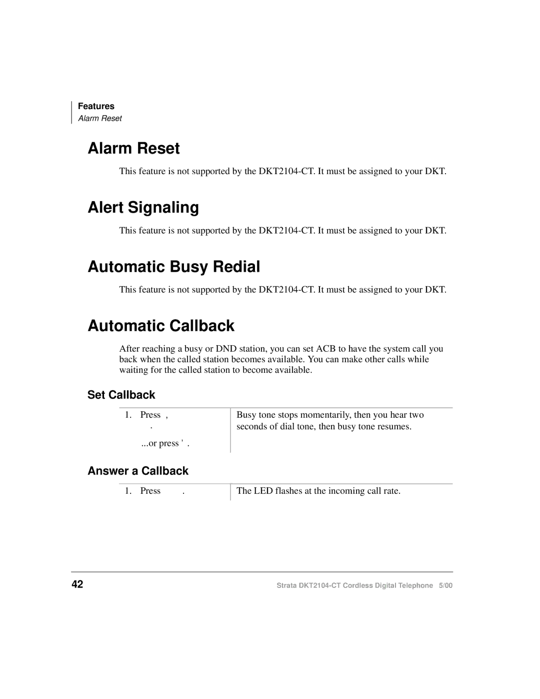 Toshiba DKT2104-CT manual Alarm Reset, Alert Signaling, Automatic Busy Redial, Automatic Callback 