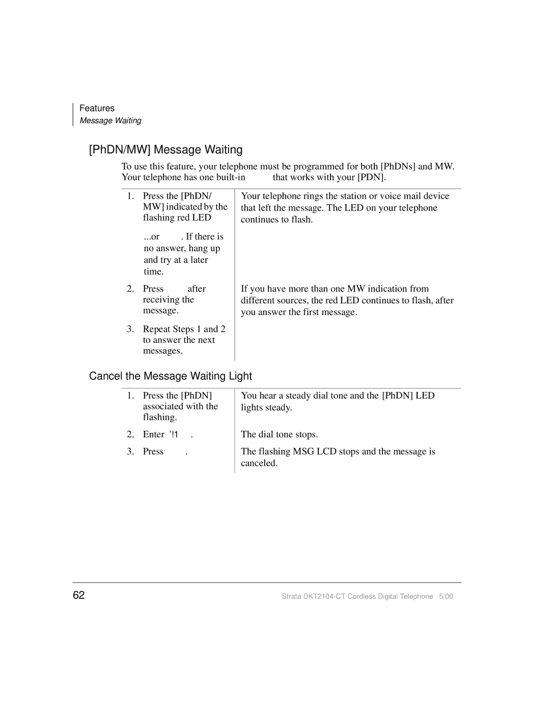 Toshiba DKT2104-CT manual PhDN/MW Message Waiting, Cancel the Message Waiting Light 