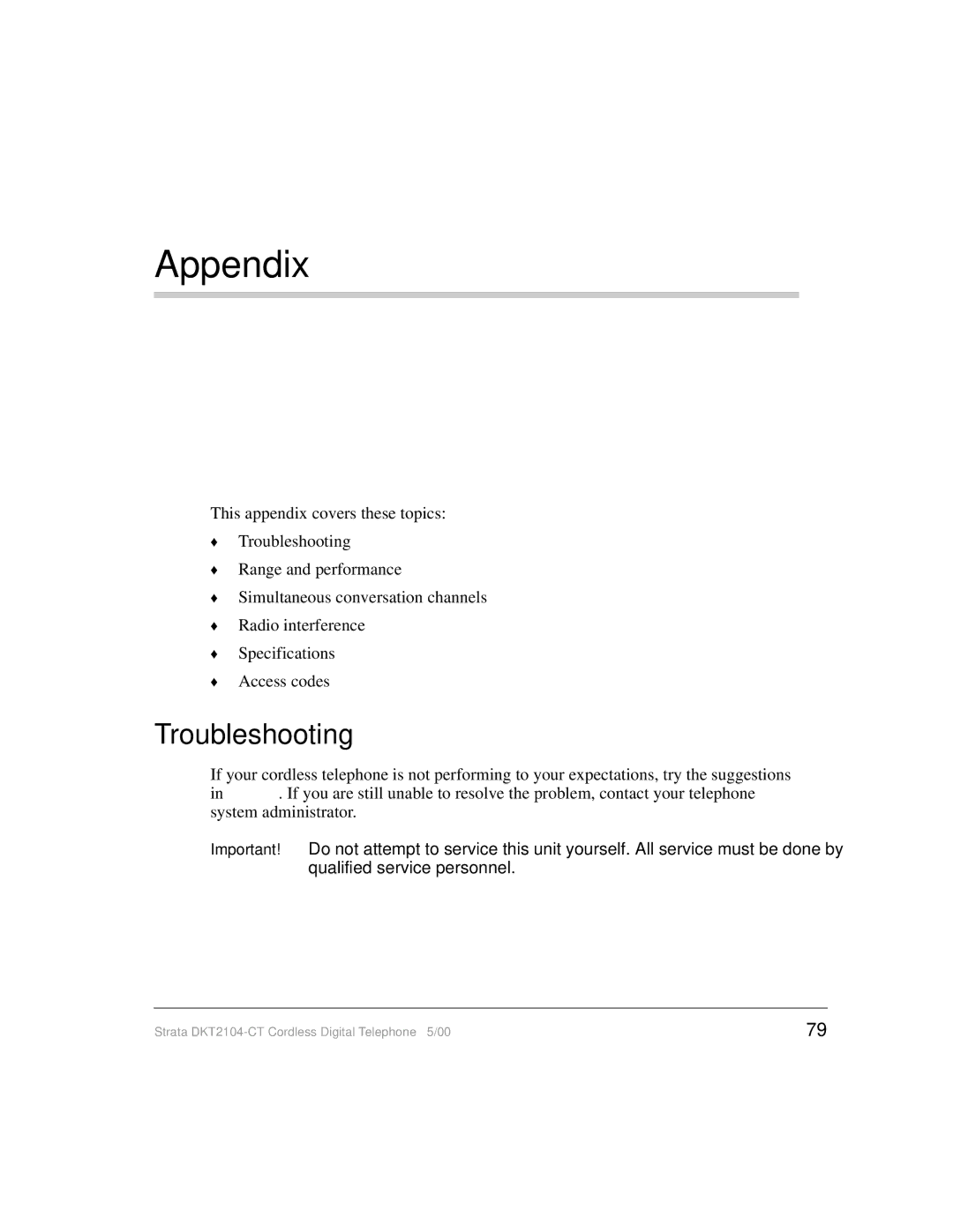 Toshiba DKT2104-CT manual Appendix, Troubleshooting 