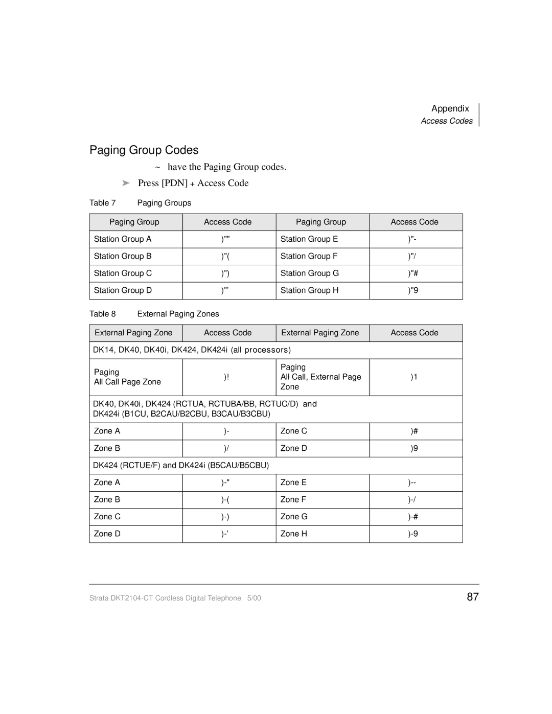 Toshiba DKT2104-CT manual Paging Group Codes, Paging Groups Access Code 