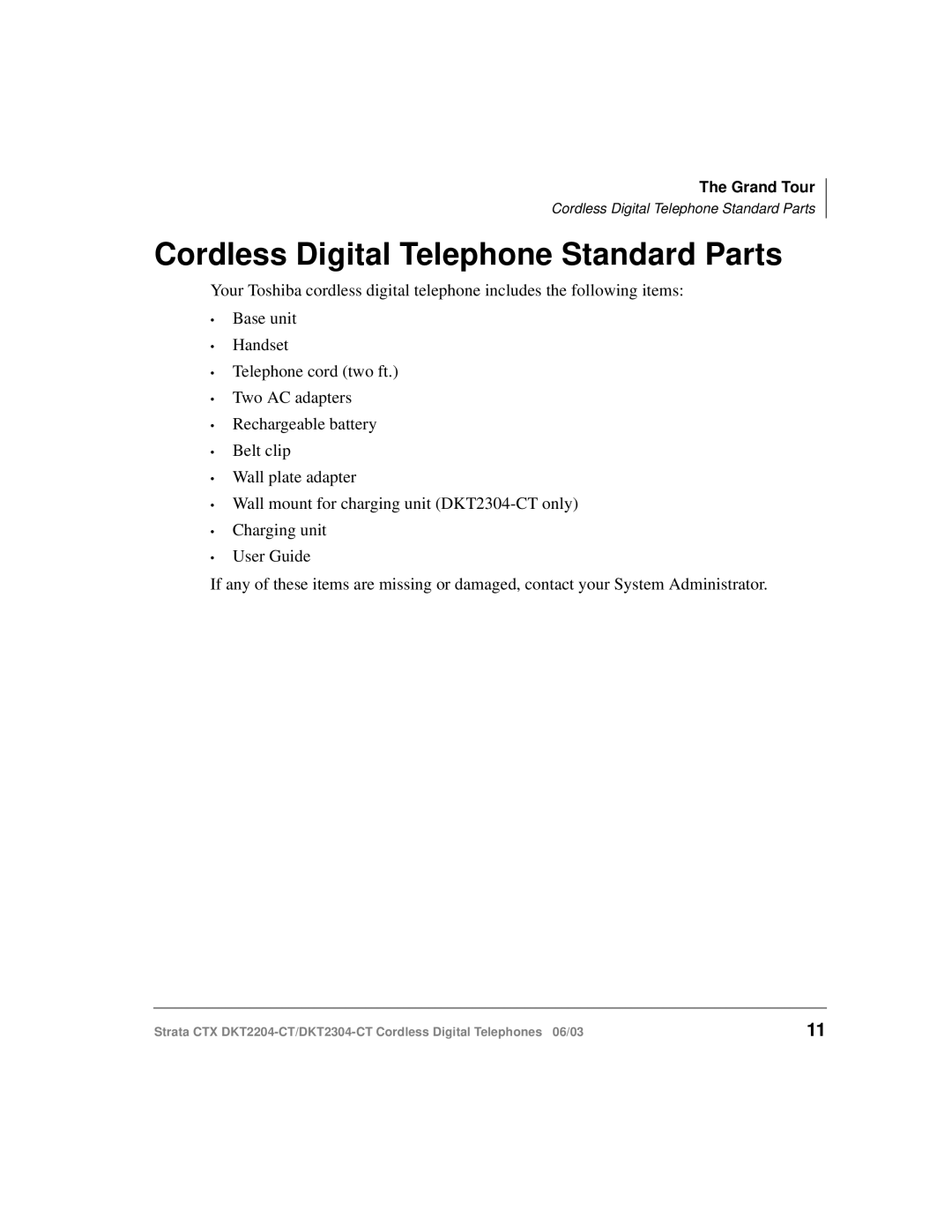 Toshiba DKT2204-CT manual Cordless Digital Telephone Standard Parts 