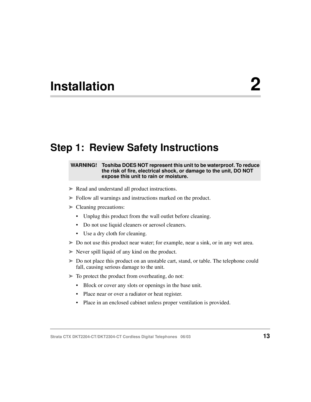 Toshiba DKT2204-CT manual Installation2, Review Safety Instructions 