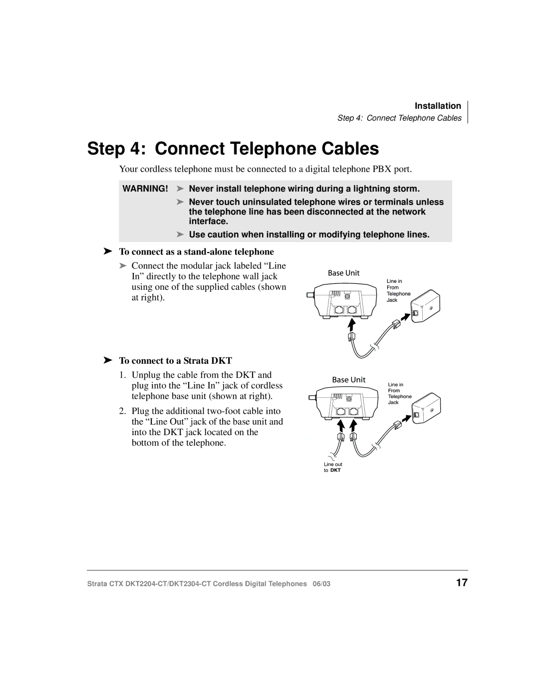 Toshiba DKT2204-CT manual Connect Telephone Cables, To connect as a stand-alone telephone 