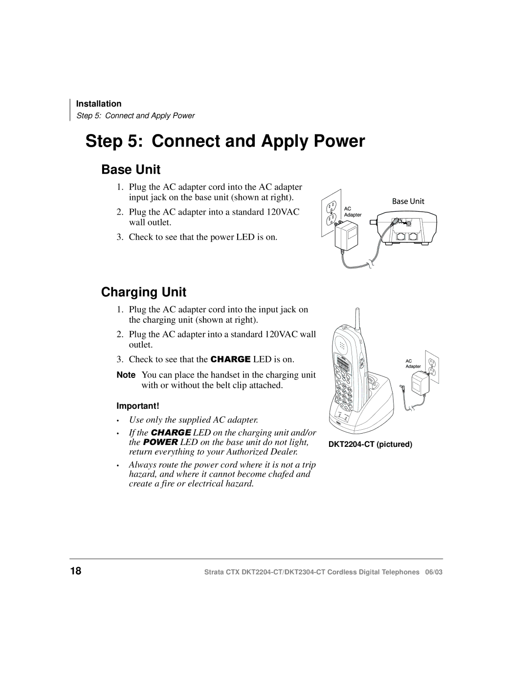 Toshiba DKT2204-CT manual Connect and Apply Power, Base Unit, Charging Unit 