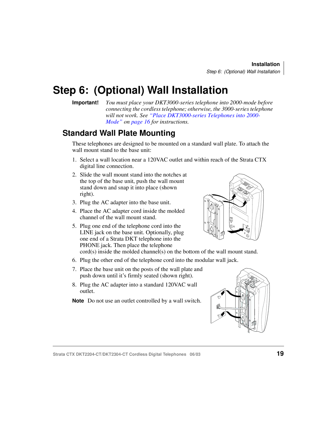 Toshiba DKT2204-CT manual Optional Wall Installation, Standard Wall Plate Mounting 