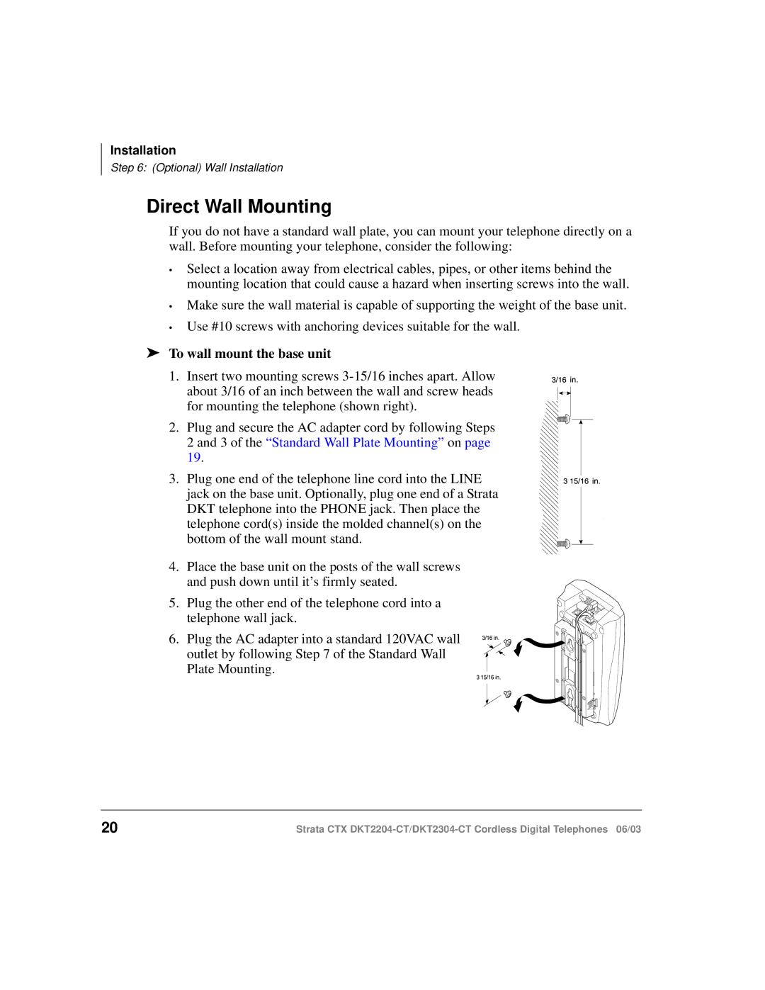 Toshiba DKT2204-CT manual Direct Wall Mounting, To wall mount the base unit 