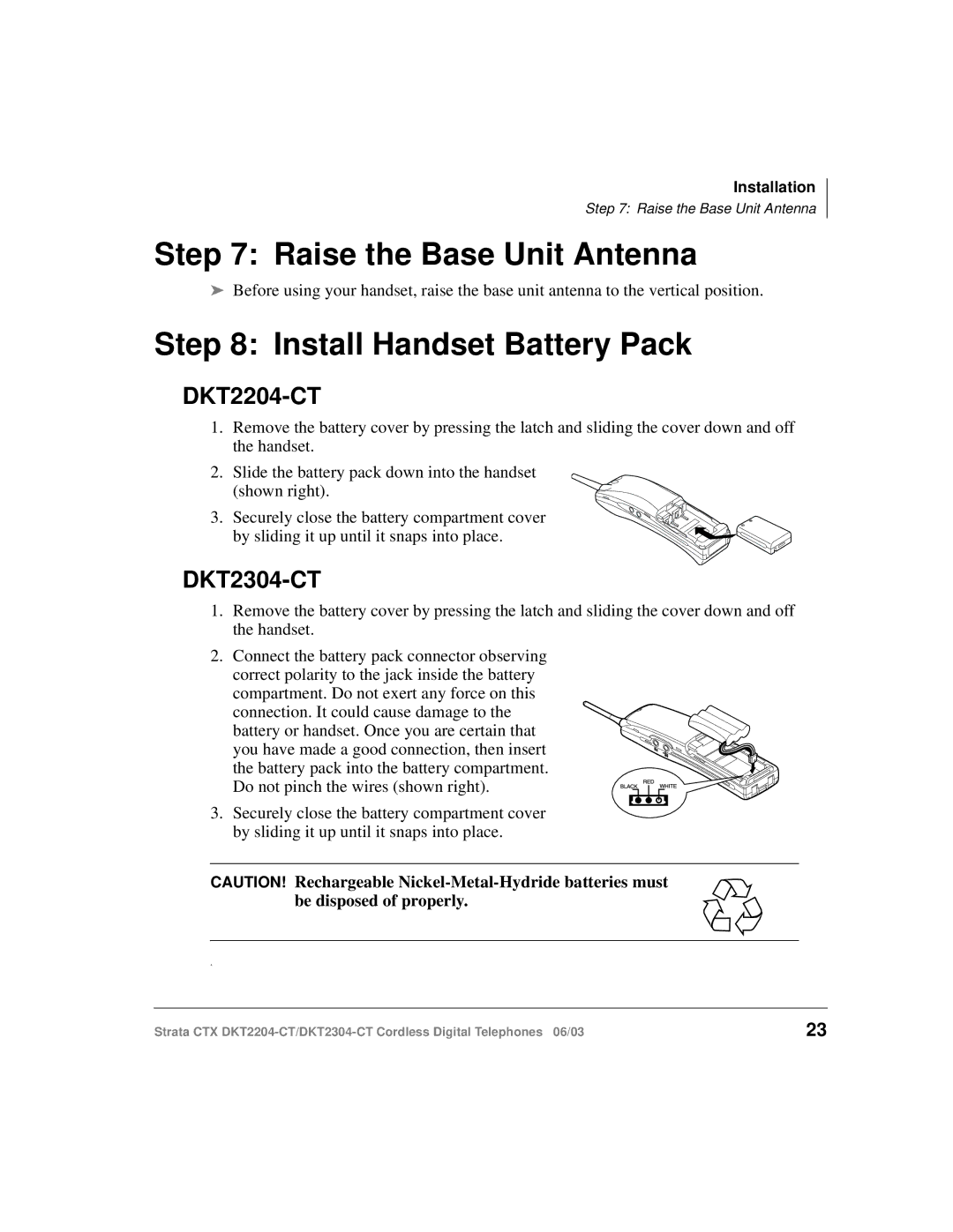 Toshiba DKT2204-CT manual Raise the Base Unit Antenna, Install Handset Battery Pack 