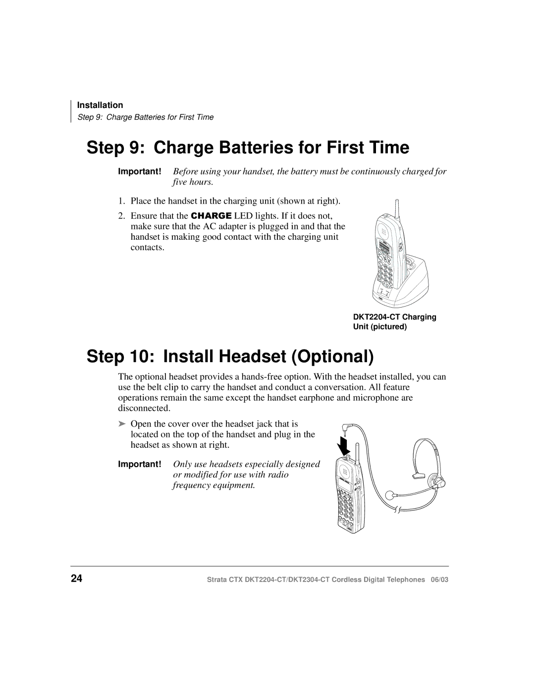 Toshiba DKT2204-CT manual Charge Batteries for First Time, Install Headset Optional 