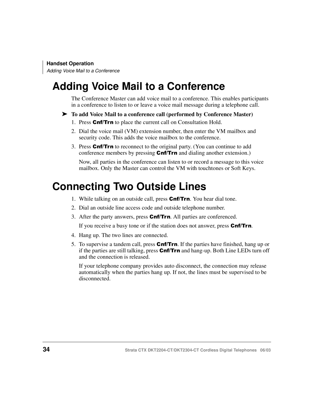 Toshiba DKT2204-CT manual Adding Voice Mail to a Conference, Connecting Two Outside Lines 