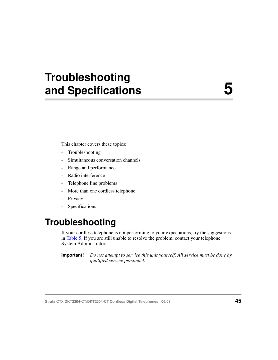 Toshiba DKT2204-CT manual Troubleshooting Specifications 