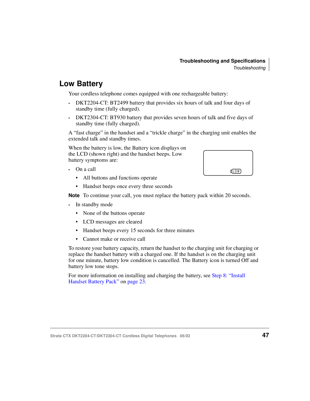 Toshiba DKT2204-CT manual Low Battery 