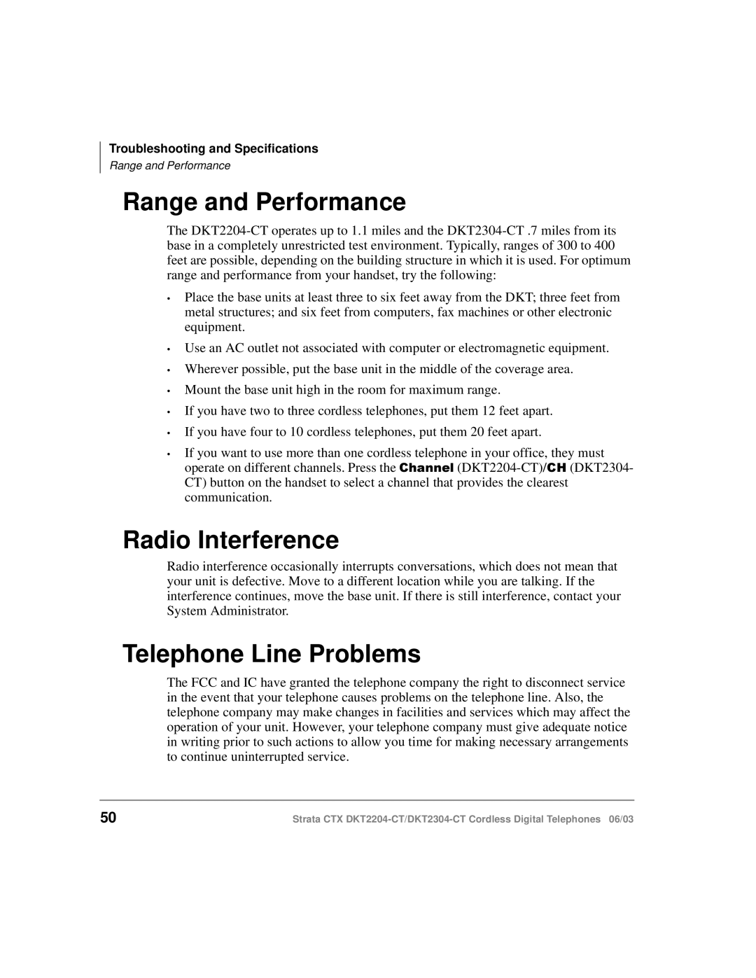 Toshiba DKT2204-CT manual Range and Performance, Radio Interference, Telephone Line Problems 