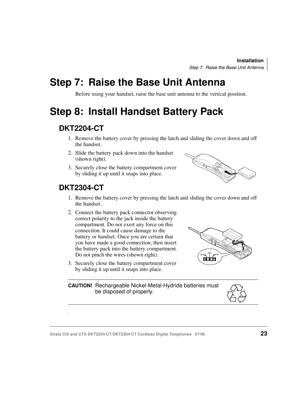 Toshiba DKT2304-CT manual Raise the Base Unit Antenna, Install Handset Battery Pack 