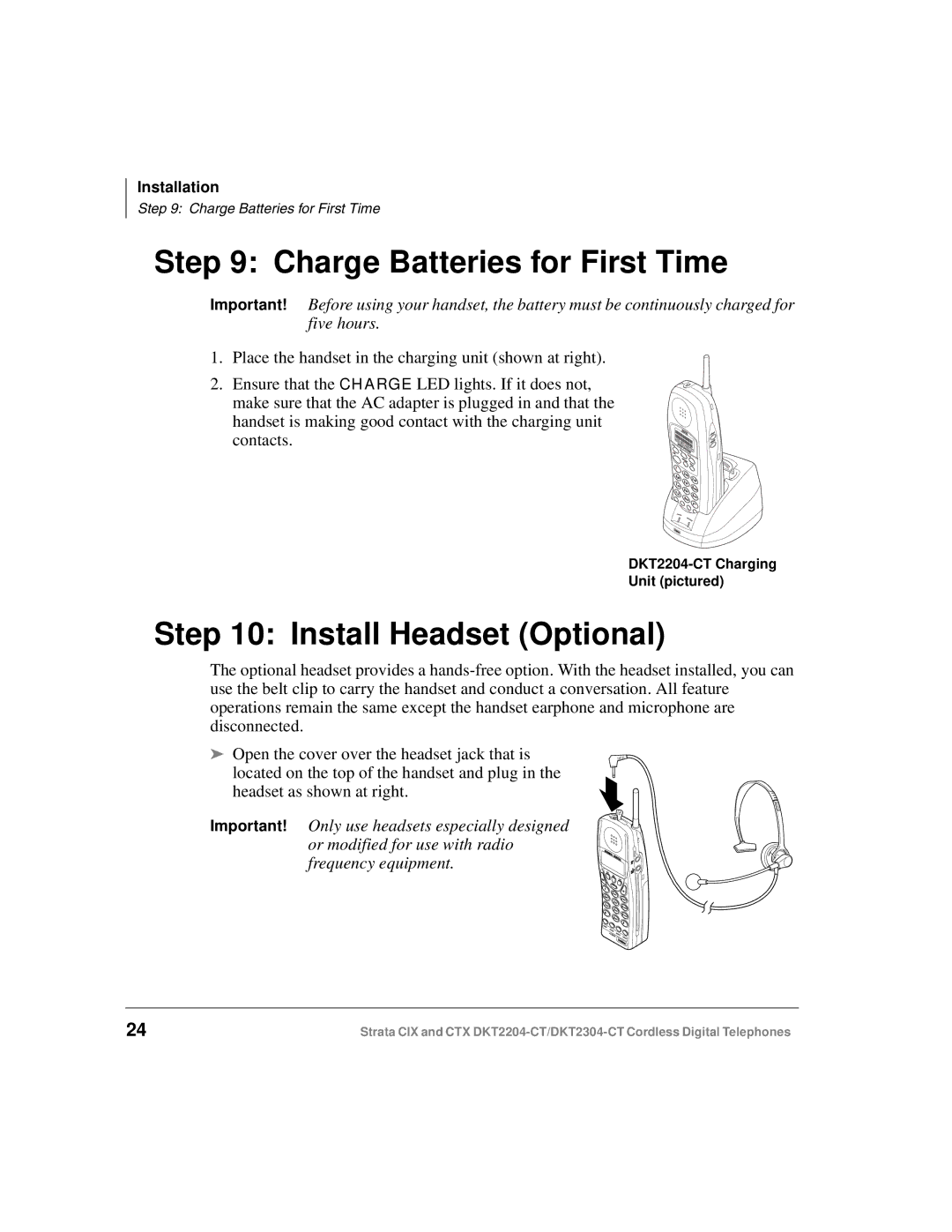 Toshiba DKT2304-CT manual Charge Batteries for First Time, Install Headset Optional 