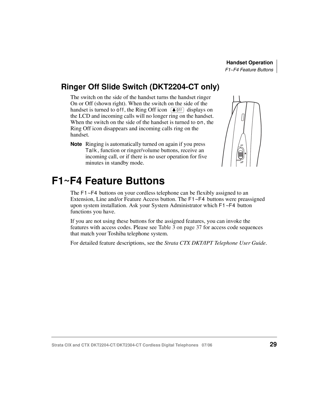 Toshiba DKT2304-CT manual F1~F4 Feature Buttons, Ringer Off Slide Switch DKT2204-CT only 