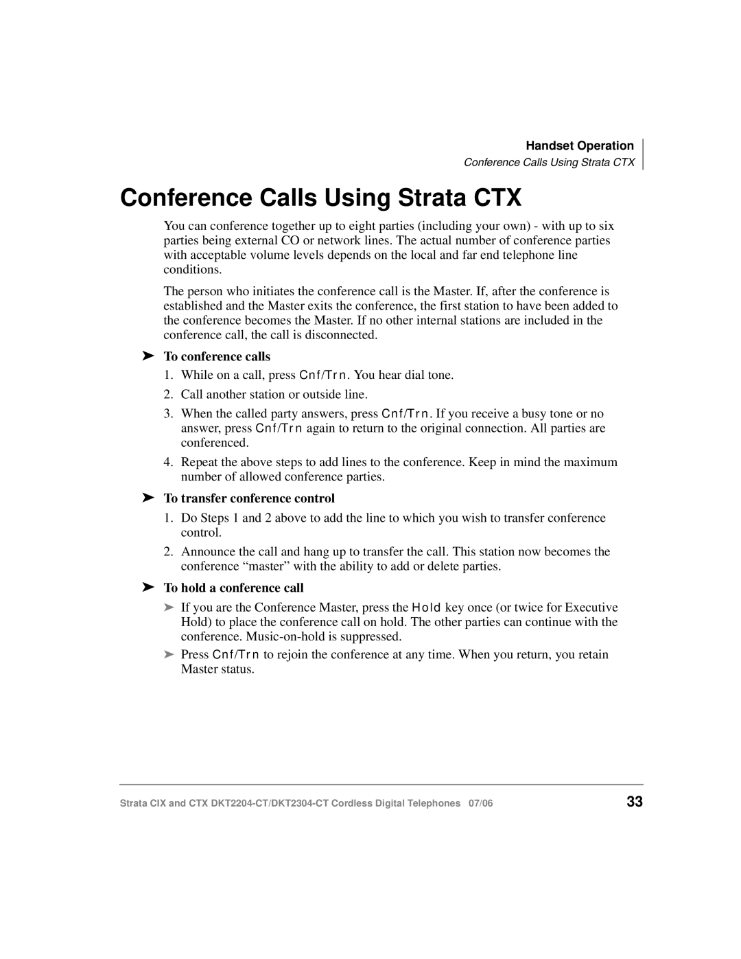 Toshiba DKT2304-CT manual Conference Calls Using Strata CTX, To conference calls 