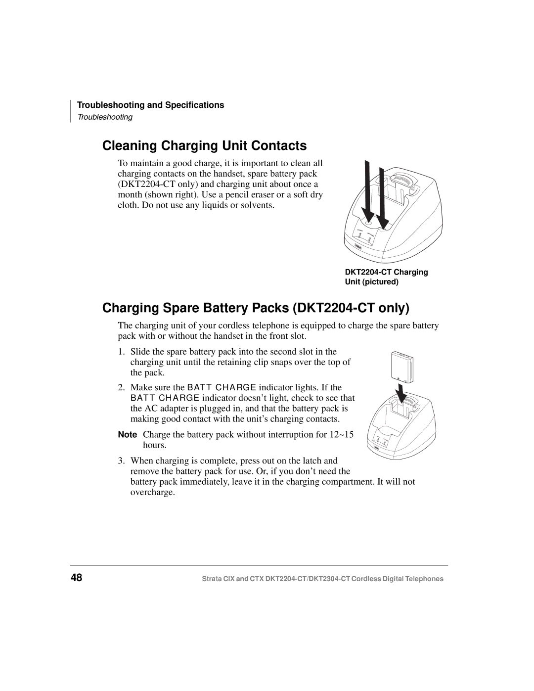 Toshiba DKT2304-CT manual Cleaning Charging Unit Contacts, Charging Spare Battery Packs DKT2204-CT only 