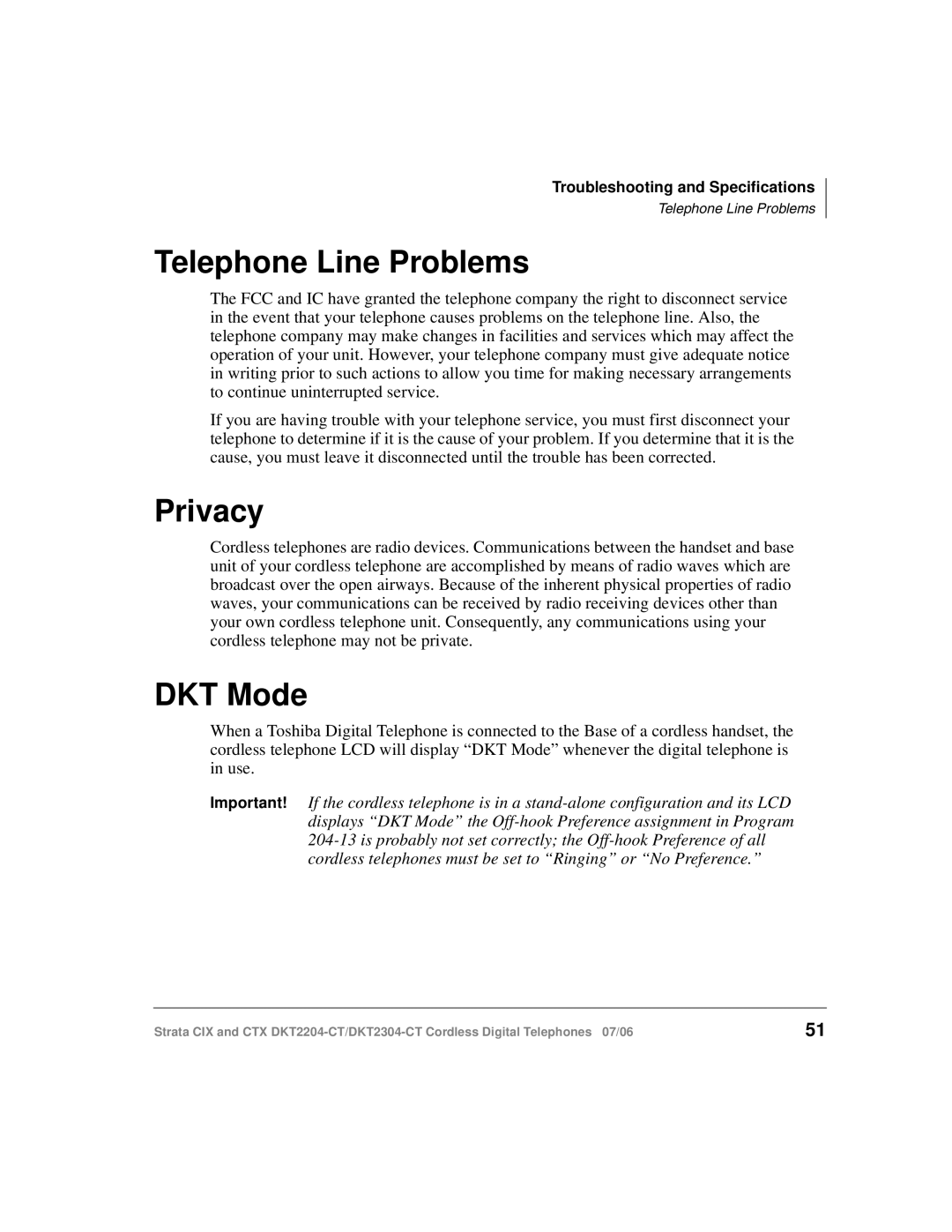 Toshiba DKT2304-CT manual Telephone Line Problems, Privacy, DKT Mode 