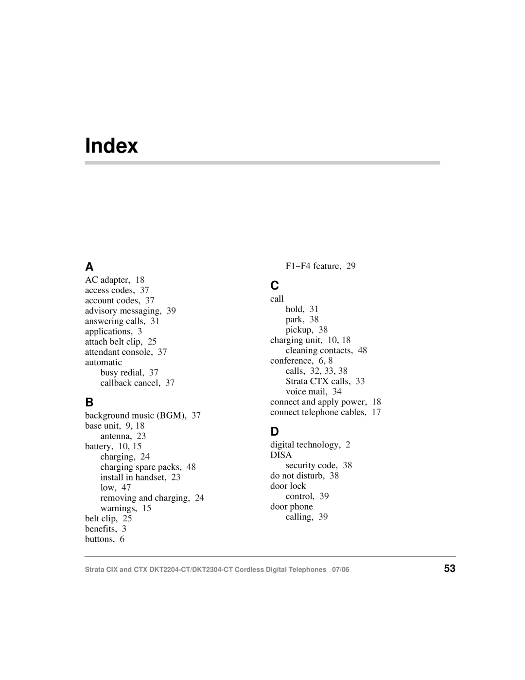 Toshiba DKT2304-CT manual Index, Disa 