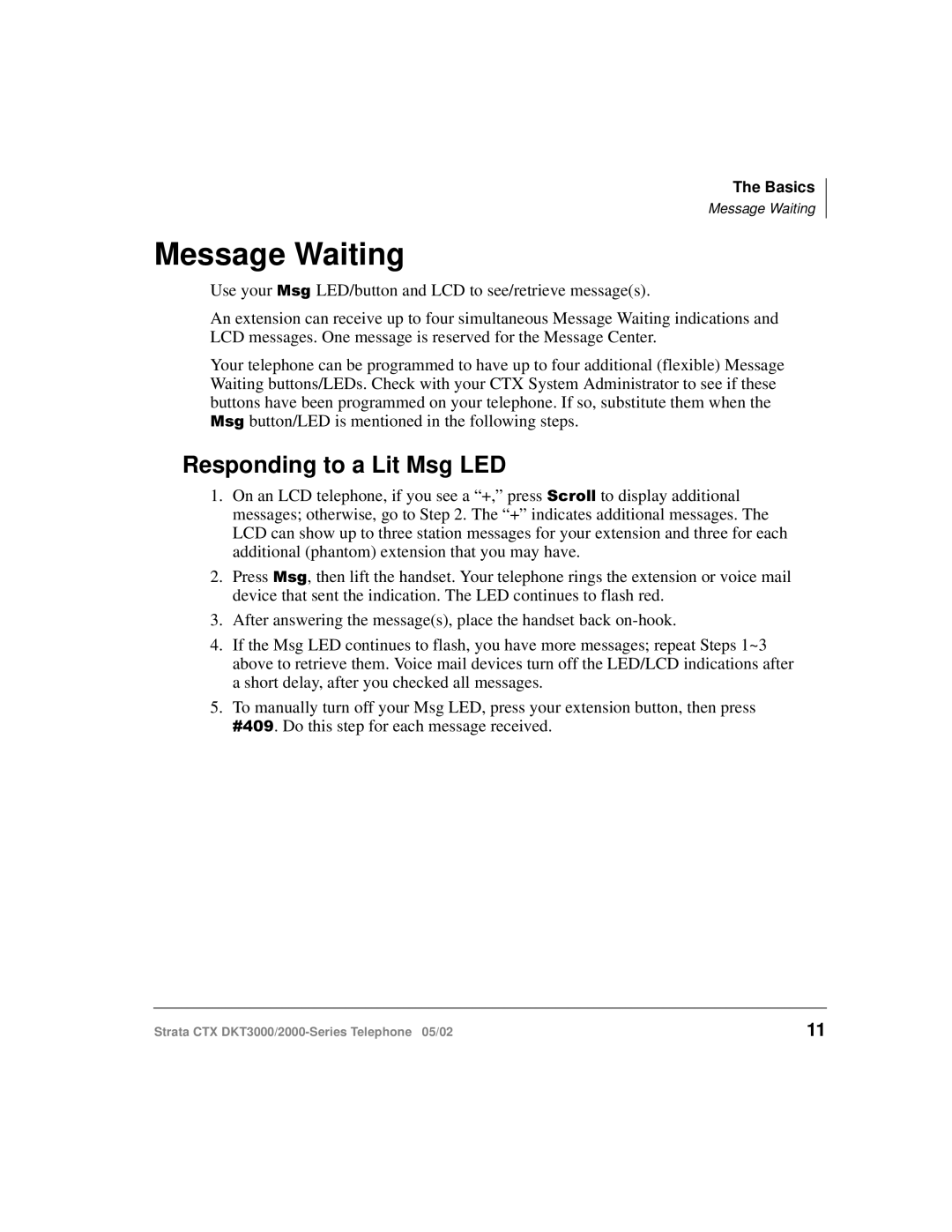 Toshiba DKT3000 manual Message Waiting, Responding to a Lit Msg LED 