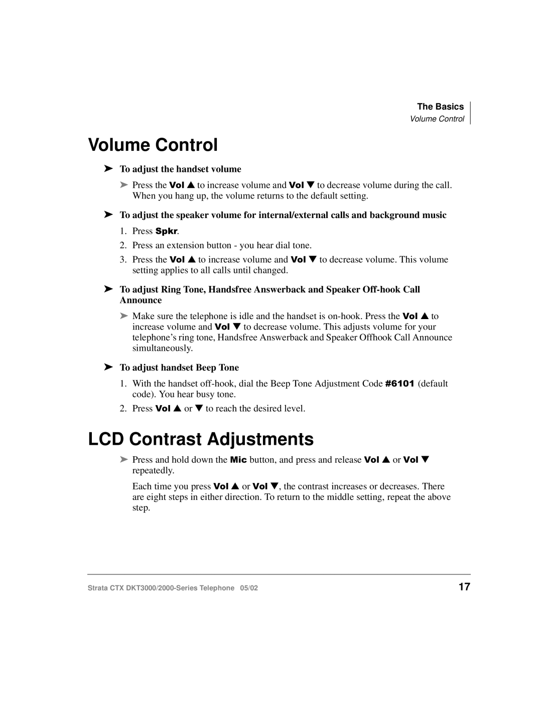 Toshiba DKT3000 manual Volume Control, LCD Contrast Adjustments, To adjust the handset volume, To adjust handset Beep Tone 